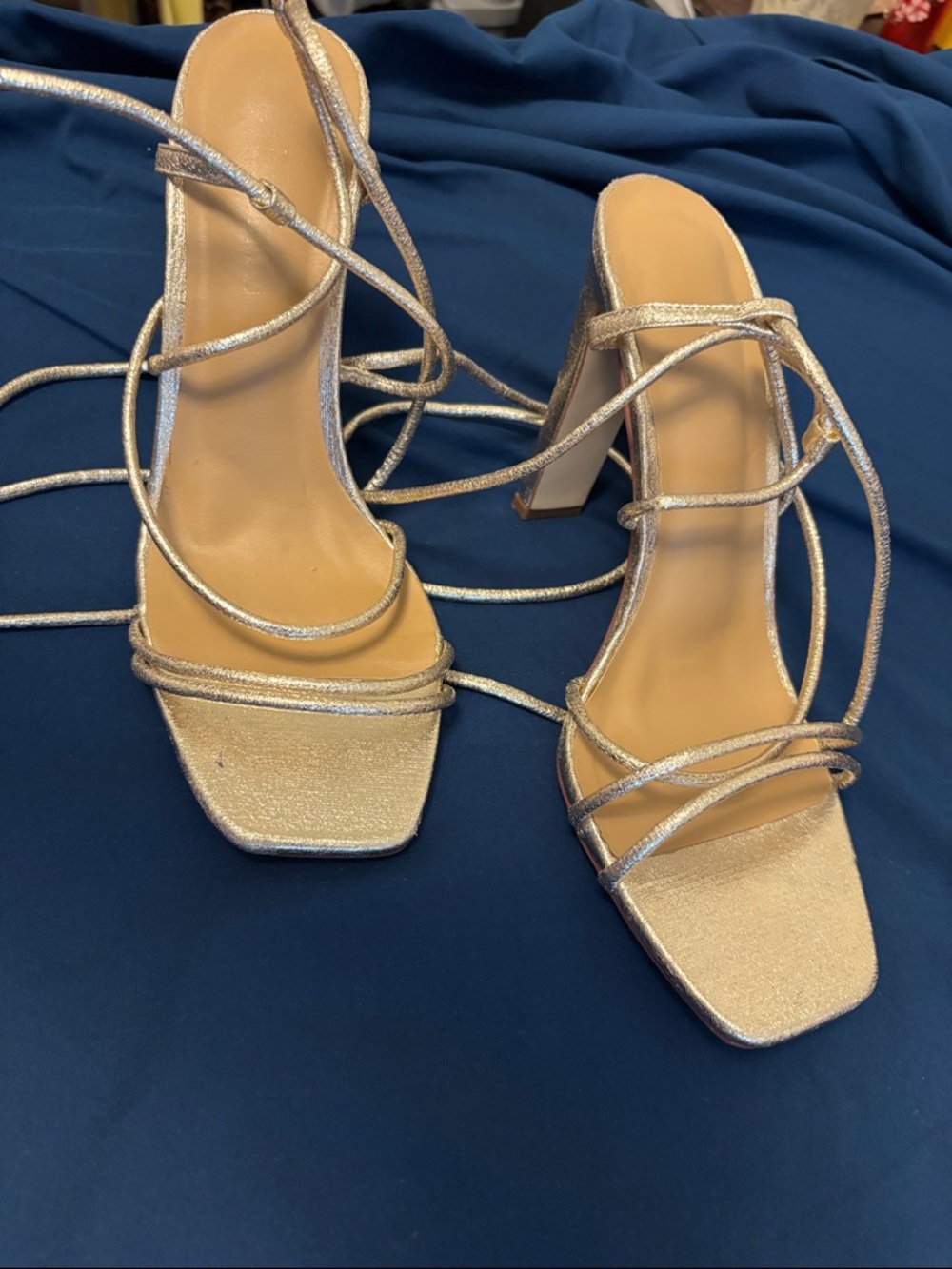 Strappy Metallic Lace-Up Block Heel Sandals - Gold